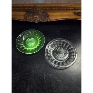(2) Vintage 1930s-50s Crystal Starburst 4.5" Plates UV Reactive Elegant Glass
